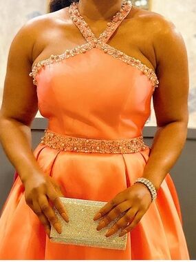 One-Shoulder Coral Evening Dress with Crystal Trim